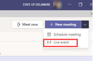 Select Teams Calendar in the upper right corner of the Teams App, select New meeting, and then Live event.
