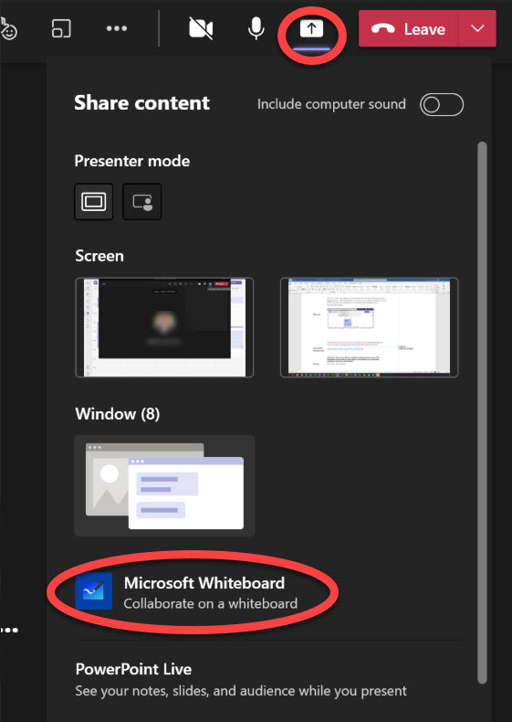 graphic of the Share Content section within a Team meeting displaying Microsoft Whiteboard feature